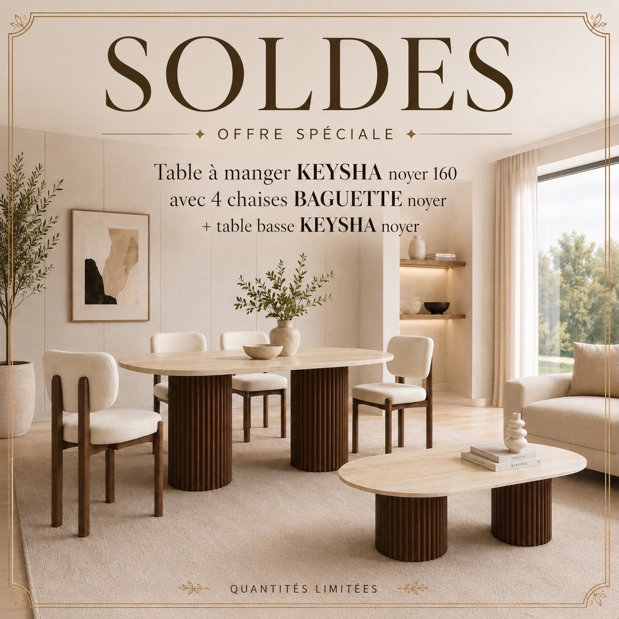 Pack table repas + table basse + 4 chaises Keysha
