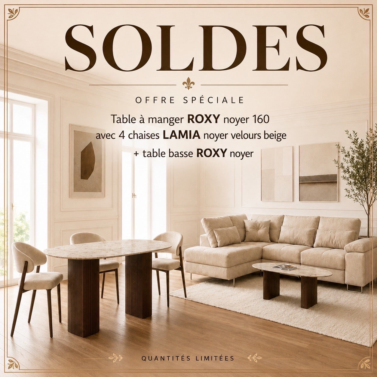 Pack table repas + table basse + 4 chaises Roxy