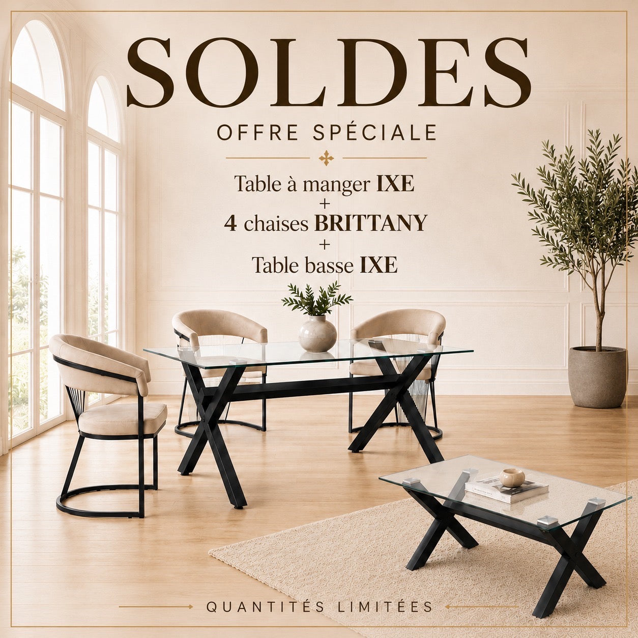 Pack table repas + table basse + 4 chaises Britanny