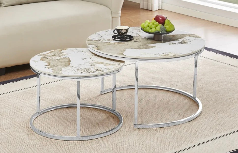 Table Basse Gigogne Céramique Travetin Brun