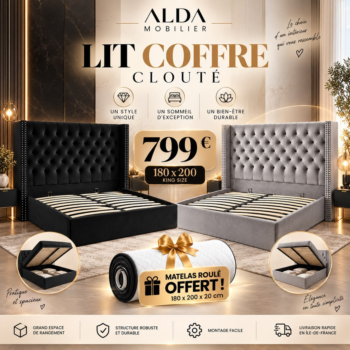 Offre lit coffre clouté + Matelas offert
